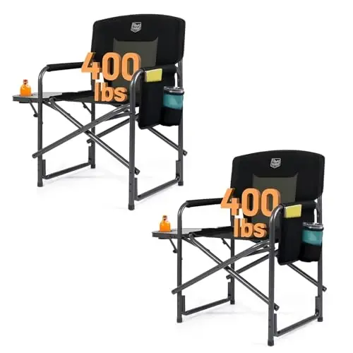 TIMBER RIDGE Aluminum Oversized Camping Chair, Lightweight Portable Directors Chair with Side Table Detachable Side Pocket for Outdoor Camping, Lawn, Picnic, Support 400lbs Black 2 Pack - TIMBER RIDGE