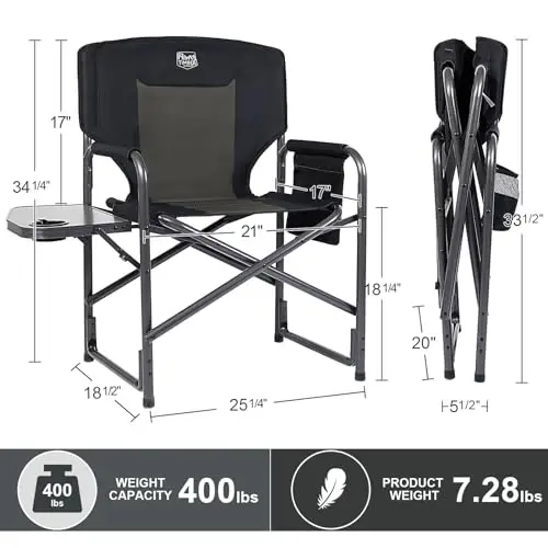 TIMBER RIDGE Aluminum Oversized Camping Chair, Lightweight Portable Directors Chair with Side Table Detachable Side Pocket for Outdoor Camping, Lawn, Picnic, Support 400lbs Black 2 Pack - 3
