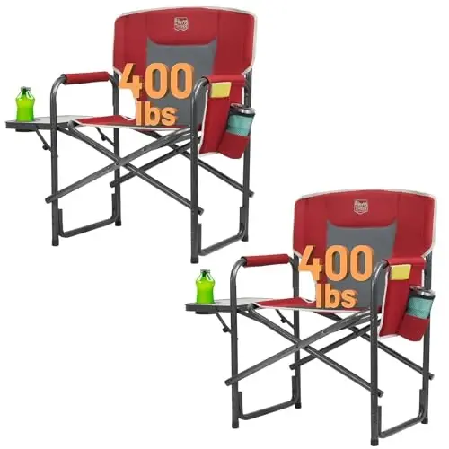 TIMBER RIDGE Aluminum Oversized Camping Chair, Lightweight Portable Directors Chair with Side Table Detachable Side Pocket for Outdoor Camping, Lawn, Picnic, Support 400lbs Red 2 Pack - TIMBER RIDGE