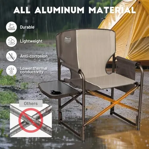 TIMBER RIDGE Aluminum Oversized Camping Chair, Lightweight Portable Directors Chair with Side Table Detachable Side Pocket for Outdoor Camping, Lawn, Picnic, Support 400lbs Tan 2 Pack - 4