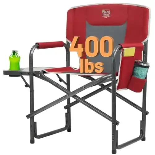 TIMBER RIDGE Aluminum Oversized Camping Chair, Lightweight Portable Directors Chair with Side Table Detachable Side Pocket for Outdoor Camping, Lawn, Picnic, Support 400lbs Red - TIMBER RIDGE