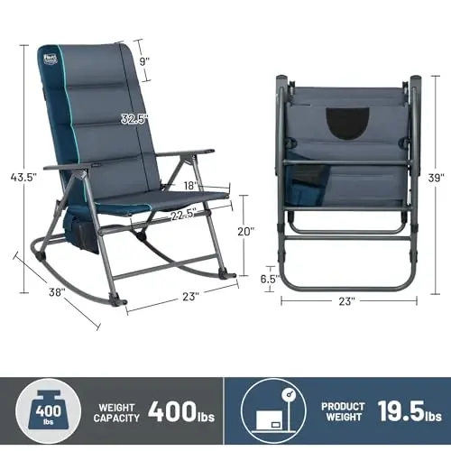 Timber Ridge Oversized Folding Rocking Camping Chair, Padded Outdoor Rocker with High Back, Portable Outdoor Chair for Patio, Garden, Lawn, Supports up to 400 lbs, Blue - 3