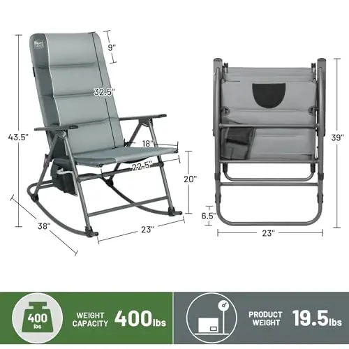 TIMBER RIDGE Oversized Folding Rocking Camping Chair, Padded Outdoor Rocker with High Back, Portable Outdoor Chair for Patio, Garden, Lawn, Supports up to 400 lbs, Grey, 2 Pack - 3