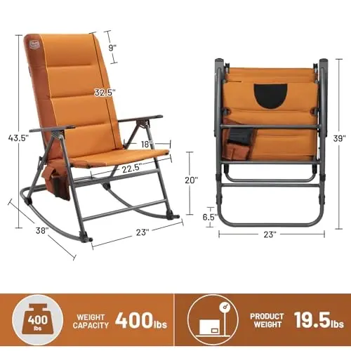 Timber Ridge Oversized Folding Rocking Camping Chair, Padded Outdoor Rocker with High Back, Portable Outdoor Chair for Patio, Garden, Lawn, Supports up to 400 lbs, Orange - 3
