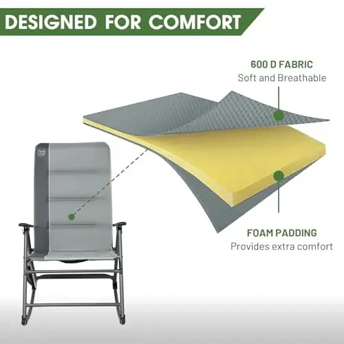 Timber Ridge Oversized Folding Rocking Camping Chair, Padded Outdoor Rocker with High Back, Portable Outdoor Chair for Patio, Garden, Lawn, Supports up to 400 lbs, Gray - 5