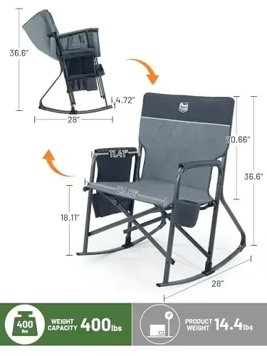 TIMBER RIDGE Folding Oversized Rocking Camping Chair, 400lbs Capacity Portable Outdoor Rocker with Hard Armrests, Cup Holder & Side Pocket, Quick-Fold Design for Outdoor, Patio, Lawn, Grey - 3