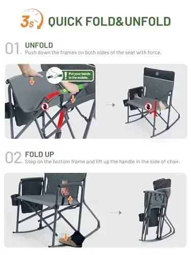 TIMBER RIDGE Folding Oversized Rocking Camping Chair, 400lbs Capacity Portable Outdoor Rocker with Hard Armrests, Cup Holder & Side Pocket, Quick-Fold Design for Outdoor, Patio, Lawn, Grey - 6