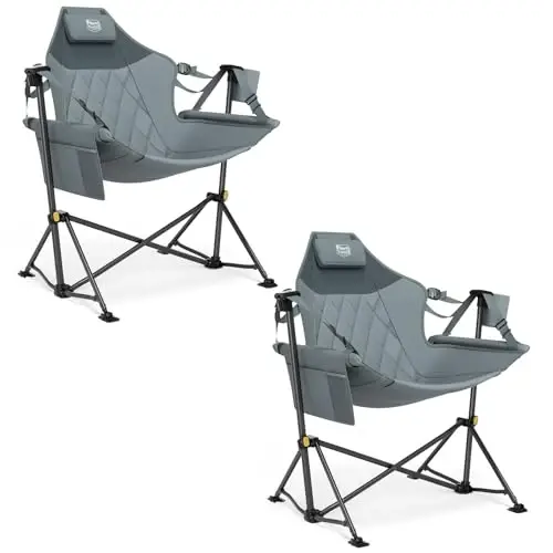 Timber Ridge Hammock Camping Chair, Portable Oversized Swinging Camp Chairs | Heavy Duty Folding Hammock Chair with Adjustable Backrest, Foldable Chair for Camping and Patio, 350lbs Load, Grey 2 Pack - 1