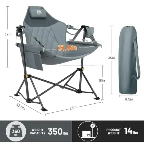 Timber Ridge Hammock Camping Chair, Portable Oversized Swinging Camp Chairs | Heavy Duty Folding Hammock Chair with Adjustable Backrest, Foldable Chair for Camping and Patio, 350lbs Load, Grey 2 Pack - 3