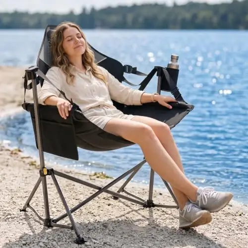 TIMBER RIDGE Hammock Camping Chair, Portable Oversized Swinging Camp Chairs | Heavy Duty Folding Hammock Chair with Adjustable Backrest, Foldable Chair for Camping, Beach and Patio, 350lbs Load, Black - 1
