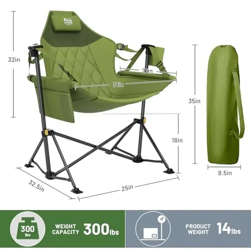 TIMBER RIDGE Hammock Camping Chair with Adjustable Backrest, Heavy Duty Folding Hammock Chair Supports 300lbs, Portable Hammock Chair for Camping, Travelling and Patio, Green - 3