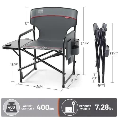 TIMBER RIDGE Heated Aluminum Oversized Camping Chair, Lightweight Portable Directors Chair with Side Table Detachable Side Pocket for Outdoor Camping, Lawn, Picnic, Support 400lbs Gray - 3