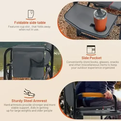 TIMBER RIDGE Heated Aluminum Oversized Camping Chair, Lightweight Portable Directors Chair with Side Table Detachable Side Pocket for Outdoor Camping, Lawn, Picnic, Support 400lbs Gray, 2 Pack - 7