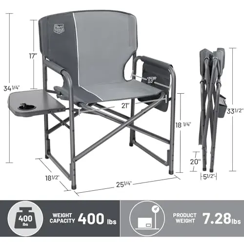 TIMBER RIDGE Heated Aluminum Oversized Camping Chair, Lightweight Portable Directors Chair with Side Table Detachable Side Pocket for Outdoor Camping, Lawn, Picnic, Support 400lbs Gray, 2 Pack - 3