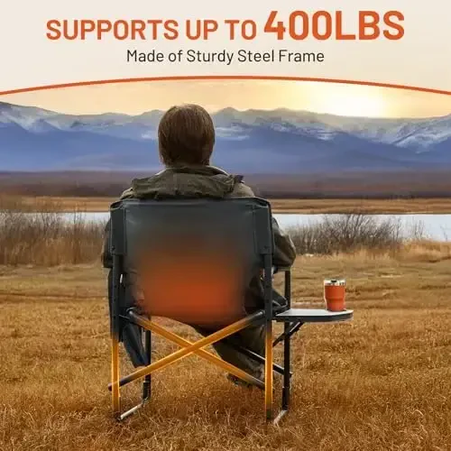 TIMBER RIDGE Isitiladigan alyuminiy katta hajmli lager stuli, tashqi lager, maysazor, piknik uchun yon stol bilan yengil portativ direktor stuli, yon cho'ntagi ajratiladi, 400 funt kulrangni qo'llab-quvvatlaydi, 2 dona - 4