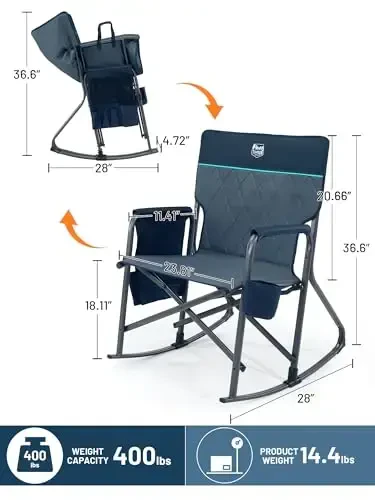 TIMBER RIDGE Folding Oversized Rocking Camping Chair, 400lbs Capacity Portable Outdoor Rocker with Hard Armrests, Cup Holder & Side Pocket, Quick-Fold Design for Outdoor, Patio, Lawn, Blue - 3