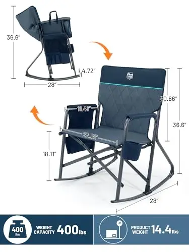 TIMBER RIDGE Folding Oversized Rocking Camping Chair, 400lbs Capacity Portable Outdoor Rocker with Hard Armrests, Cup Holder & Side Pocket, Quick-Fold Design for Outdoor, Patio, Lawn, Blue - 5