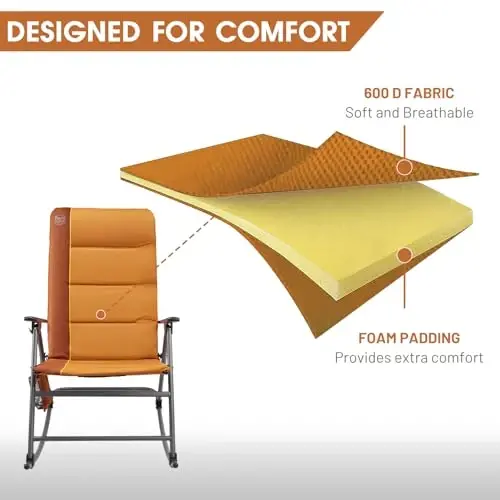 Timber Ridge Oversized Folding Rocking Camping Chair, Padded Outdoor Rocker with High Back, Portable Outdoor Chair for Patio, Garden, Lawn, Supports up to 400 lbs, Orange - 5