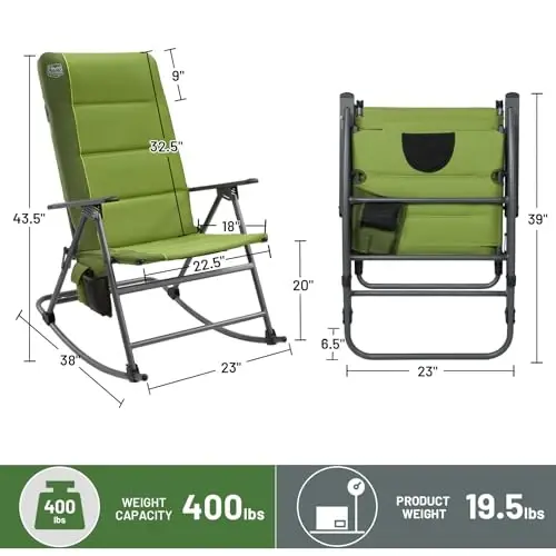 Timber Ridge Oversized katlanadigan tebranadigan lager stuli, baland orqa o'rindiqli o'rindiqli tashqi tebranadigan stul, veranda, bog', maysa uchun portativ tashqi stul, 400 funtgacha yuk ko'taradi, yashil - 3