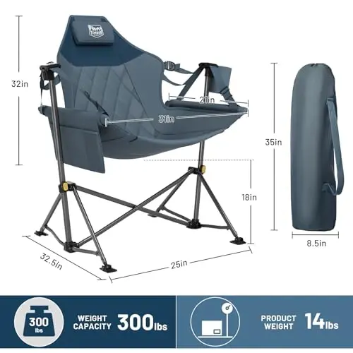 TIMBER RIDGE sozlanadigan orqa tayanchi bo'lgan Hammock Camping Chair, 300 funtni qo'llab-quvvatlaydigan og'ir yuk ko'taruvchi buklama Hammock Chair, Camping, Sayohat va Patio uchun portativ Hammock Chair, Moviy 2 Pack - 3