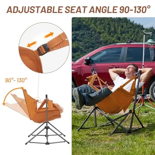 TIMBER RIDGE sozlanadigan orqa tayanchi bo'lgan Hammock Camping Chair, 300 funtni qo'llab-quvvatlaydigan og'ir yuk ko'taruvchi katlanadigan Hammock Chair, Camping, Sayohat va Patio uchun portativ Hammock Chair, Orange 2 Pack - 3