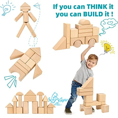 Timfuis Wooden Building Blocks Set, 80 PCS Natural Wood Stacking Block Toy with Carrying Bag, Montessori Learning Birthday Gifts for 3 4 5 Year Olds Toddlers Kids Boys Girls Children - MODAZONE (1)