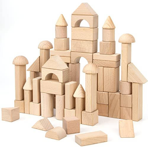 Timfuis Wooden Building Blocks Set, 80 PCS Natural Wood Stacking Block Toy with Carrying Bag, Montessori Learning Birthday Gifts for 3 4 5 Year Olds Toddlers Kids Boys Girls Children - 1