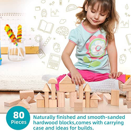 Timfuis Wooden Building Blocks Set, 80 PCS Natural Wood Stacking Block Toy with Carrying Bag, Montessori Learning Birthday Gifts for 3 4 5 Year Olds Toddlers Kids Boys Girls Children - 3