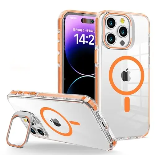 TIMORA Magnetic Designed for iPhone 15 Case 6.1 inch with Stand, [Compatible with Magsafe] Slim Translucent Matte Cover, Anti-Scratch Shockproof PhoneCase for iPhone15, Clear and Orange 
