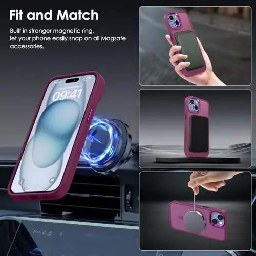TIMORA Magnetic for iPhone 15 Case, [MagSafe bilan mos] zarbaga chidamli himoya ingichka shaffof mat qopqoq iPhone 15Case telefon g'ilofi, qizil - 3