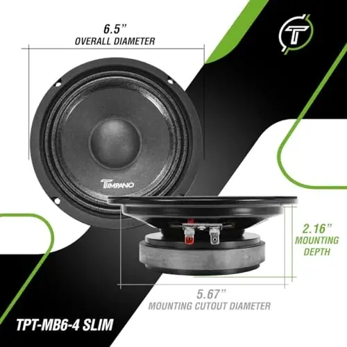 Timpano 6.5 Inch Shallow Car Speaker 600 Watts TPT-MB6-4 Slim Shallow Profile 4 OModazone, PRO Midbass Car Audio Loudspeaker Compact for Doors (Single) - 3