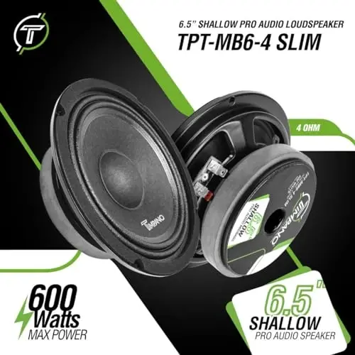 Timpano 6.5 Inch Shallow Car Speaker 600 Watts TPT-MB6-4 Slim Shallow Profile 4 OModazone, PRO Midbass Car Audio Loudspeaker Compact for Doors (Single) - 2
