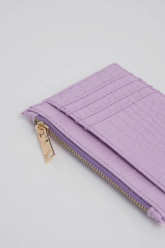 Timsah Derisi Görünümlü Fermuar Detaylı Kartlık Cüzdan-Lila - NAKSHISTORE