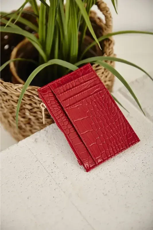 Timsah terisi ko'rinishli fermuar detalli kartli hamyon - Qizil - NAKSHISTORE