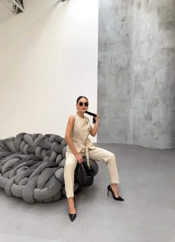 Tina Asymmetric Linen Vest Trouser Set - BÜYÜKBEDENIZ