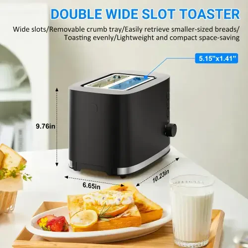 TINANA Keng Uyali 2 Bo'lakli Toaster: Olib Qo'yiladigan Maydalangan Patnisli Non Toaster, Kichik Toaster, 6 ta Non Soyasi Sozlamalari, Avtomatik O'chirish, Toast Boost, Taglik Ostida Shnur Saqlash, Qora, 900W - 5