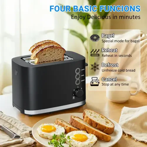 TINANA Wide Slot 2 Slice Toaster: Bread Toaster with Removable Crumb Tray, Small Toaster, 6 Bread Shade Settings, Auto-Shutoff, Toast Boost, Cord Storage Under Base, Black, 900W - 3