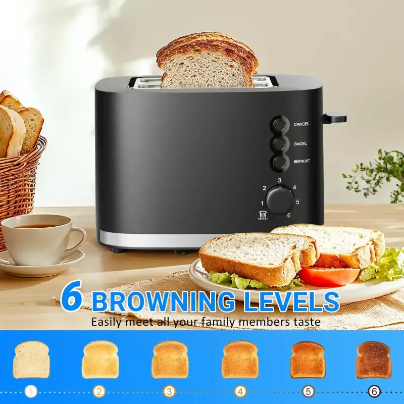 TINANA Wide Slot 2 Slice Toaster: Bread Toaster with Removable Crumb Tray, Small Toaster, 6 Bread Shade Settings, Auto-Shutoff, Toast Boost, Cord Storage Under Base, Black, 900W - 2