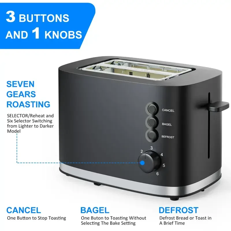 TINANA Wide Slot 2 Slice Toaster: Bread Toaster with Removable Crumb Tray, Small Toaster, 6 Bread Shade Settings, Auto-Shutoff, Toast Boost, Cord Storage Under Base, Black, 900W - 3