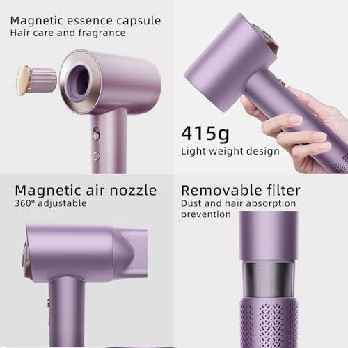 Tinsol Hair Dryer, 500 Million Plasma Professional Hair Dryer, 130000RPM High Speed Brushless Motor Blow Dryer Quick Drying Low Noise with Magnetic Nozzle and Essential Oil Capsules for Home(Purple) - 6