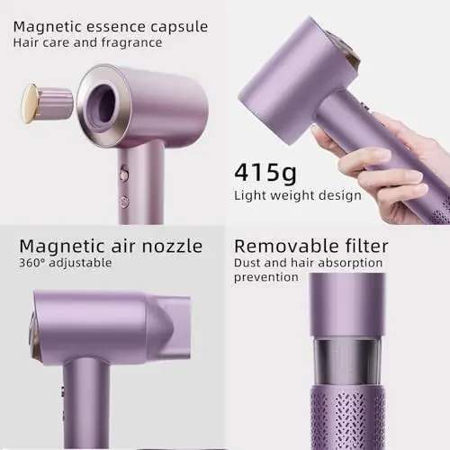 TINSOL Hair Dryer, 500 Million Plasma Professional Hair Dryer, 130000RPM High Speed Brushless Motor Blow Dryer Quick Drying Low Noise with Magnetic Nozzle and Essential Oil Capsules for Home(Purple) - 6