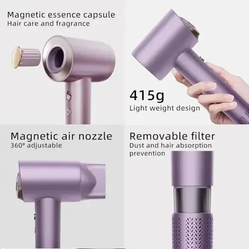 TINSOL Hair Dryer, 500 Million Plasma Professional Hair Dryer, 130000RPM High Speed Brushless Motor Blow Dryer Quick Drying Low Noise with Magnetic Nozzle and Essential Oil Capsules for Home(Purple) - 6