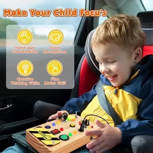 TINTECUSA Bolalar uchun Busy Board Montessori o'yinchoqlari, rangini o'zgartiruvchi LED yoritgichli yog'och sensorli taxta, 1-6 yoshli qizlar va o'g'il bolalar uchun samolyotda sayohat uchun o'quv o'yinchoqlari - 5