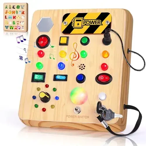 TINTECUSA Busy Board with LED Light, Wooden Sensory Toys for Toddler, Montessori Music Toy for Airplane, Travel Activity Educational Learning Autism Toys, Birthday Boys Girls Gifts - TINTECUSA