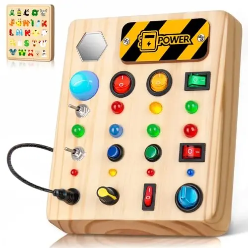 TINTECUSA LED Busy Board, Wooden Sensory Toys for Toddler, Montessori Music Toy for Airplane, Travel Activity Educational Learning Toy, Busy Light Switch Autism Toys, Birthday Boys Girls Gifts - 1