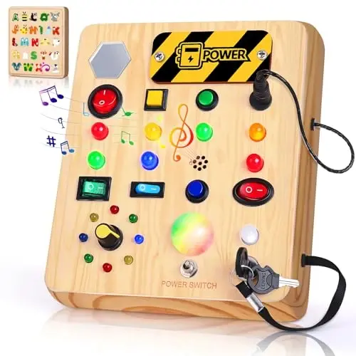 TINTECUSA Busy Board with LED Light, Wooden Sensory Toys for Toddler, Montessori Music Toy for Airplane, Travel Activity Educational Learning Autism Toys, Birthday Boys Girls Gifts - TINTECUSA
