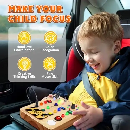 TINTECUSA LED yoritgichli Busy Board, kichkintoylar uchun yog'och sensorli o'yinchoqlar, samolyot uchun Montessori musiqa o'yinchog'i, sayohat faoliyati ta'limiy autizm o'yinchoqlari, tug'ilgan kun bolalar qizlar sovg'alari - 5