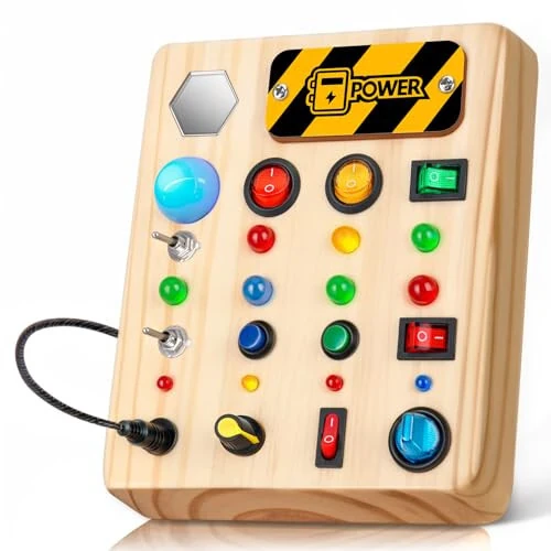 TINTECUSA Busy Board Montessori Toys for Toddler, Wooden Sensory Board Switch Toy with Shape Sorter LED Light Up Toys Educational Plane Travel Activity for Girls & Boys - 6