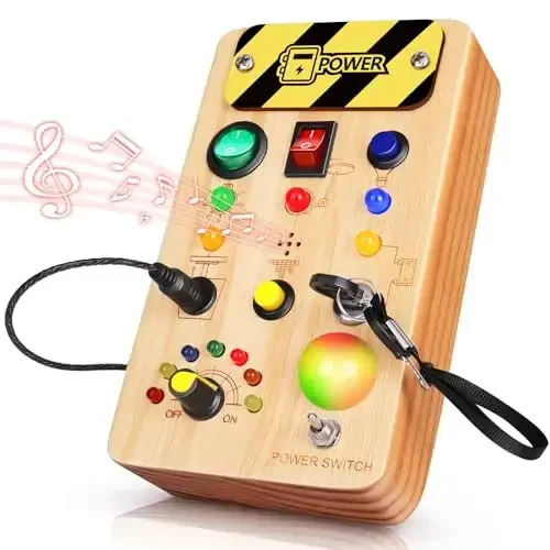 TINTECUSA Busy Board Montessori Toys for Toddler, Wooden Sensory Board Switch Toy with Color-Changing LED Light Up Travel Toys Educational Plane Travel Activity for 1-6 Year Old Girls & Boys Gifts 