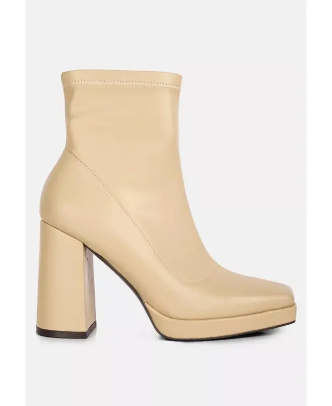 Tintin Square Toe Ankle Heeled Boots-Beige - LONDON RAG